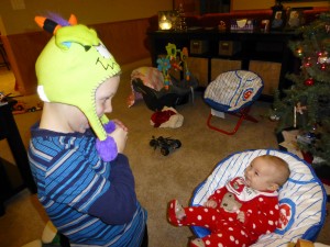 Making Eleanor laugh at his hat.