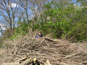 Patrick playing on the pile of tree limbs.  He found a bubble wand he and Mac had buried earlier.