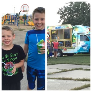 Enjoying shaved ice and then playing with friends for a bit.